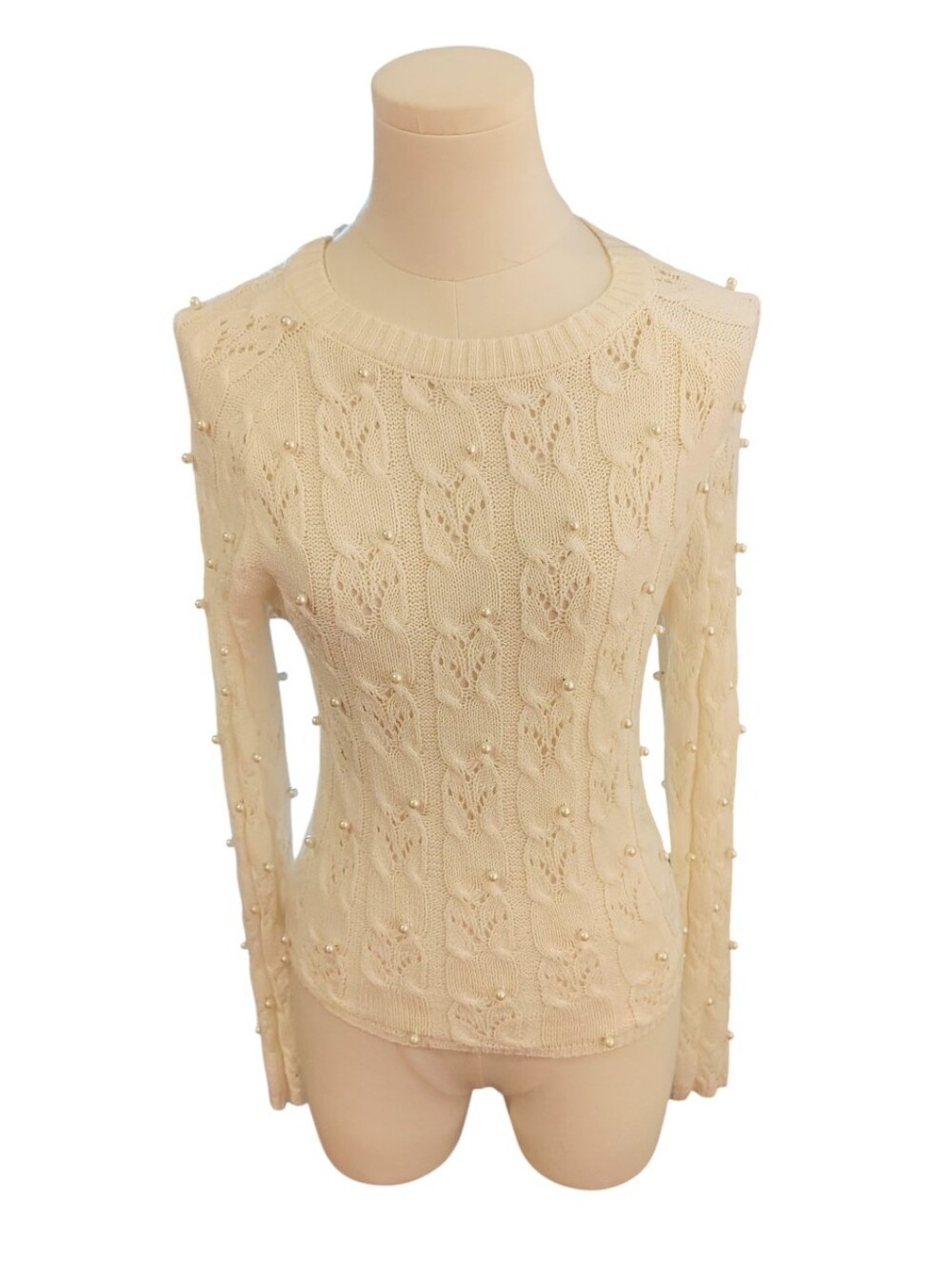 Papermoon White Cream Cable Knit Pearl Accented Stretchy weater Size Small